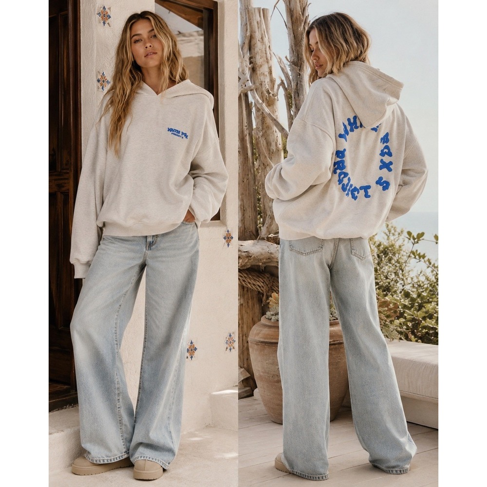 White Fox Boutique Project 5 Oversized Hoodie Ash Grey Blue Puff Print S/M
